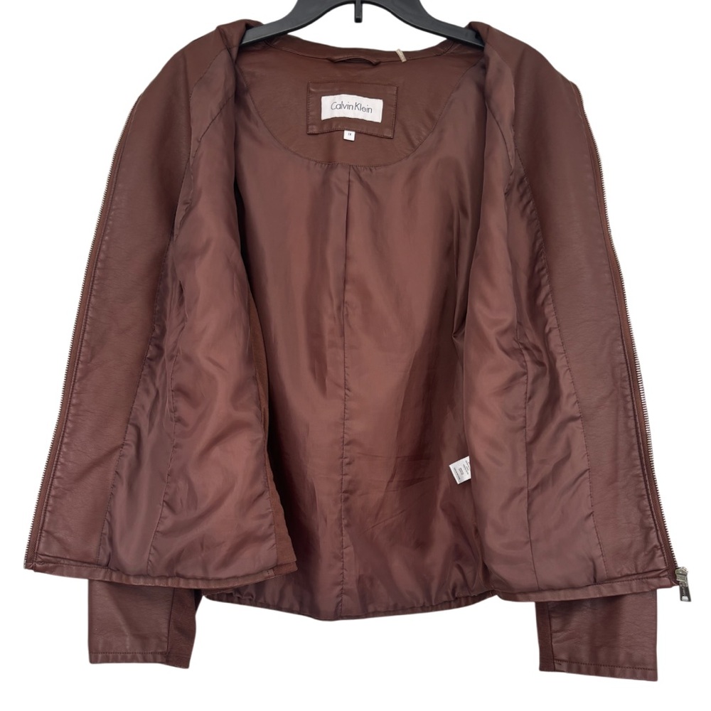 Calvin Klein Brown Leather Jacket Bomber Moto Bikercore Dress Coat Plus Size 1X - Picture 6 of 16